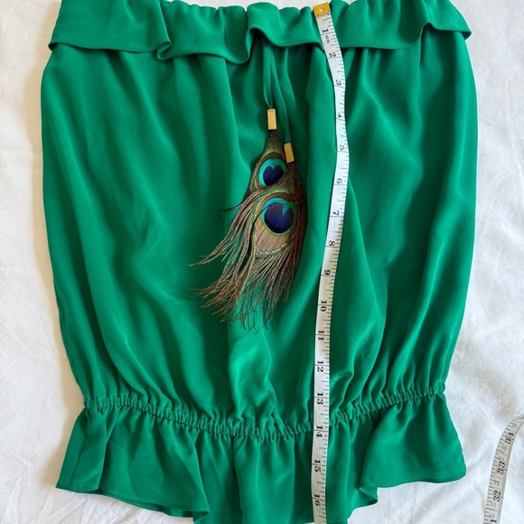 KARINA GRIMALDI 100% Silk Peacock Feather Tube Top Green Ruffle Boho Resort L - Picture 9 of 10